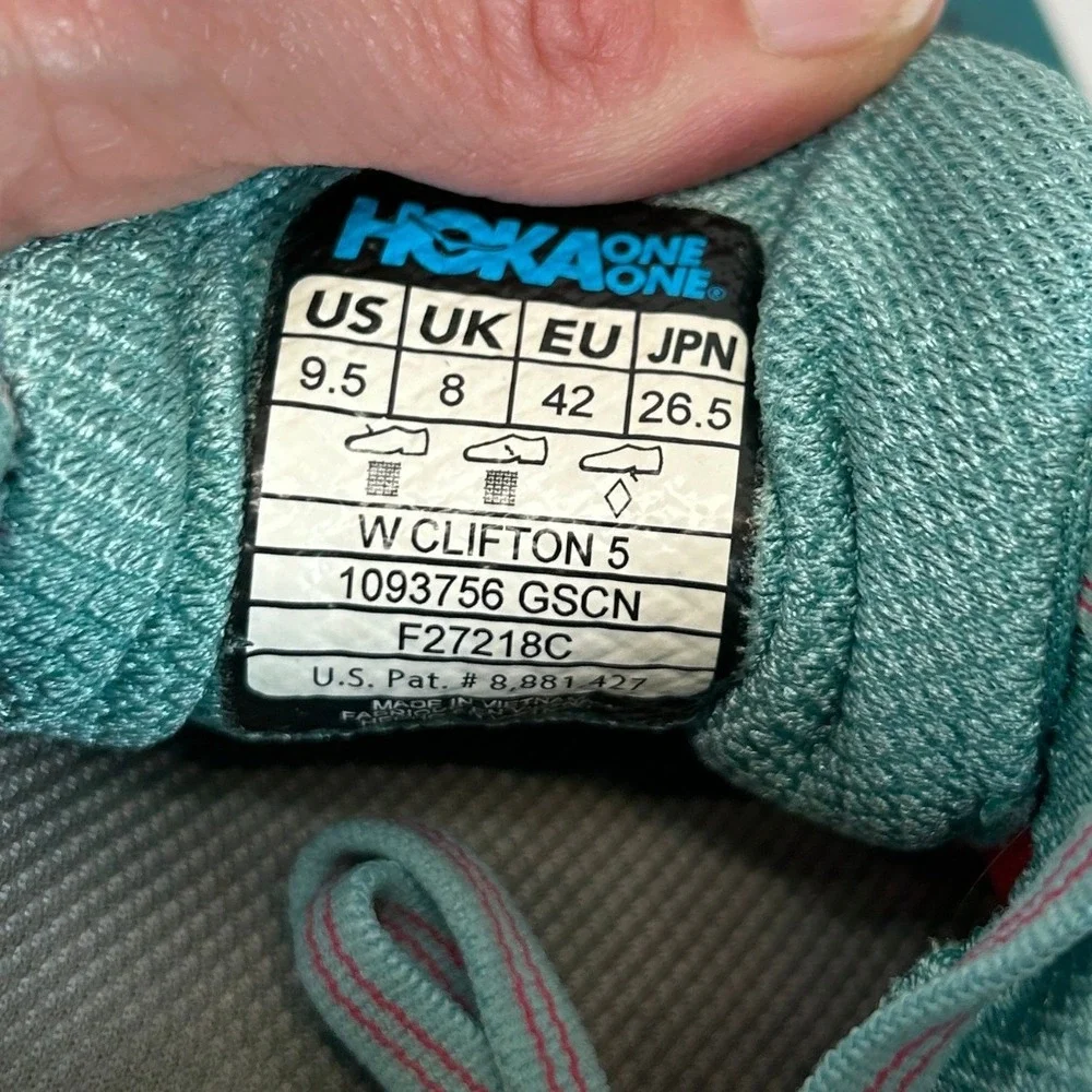 Hoka One One Clifton 5 Womens 9.5 Green Red Running Shoes 1093756 GSCN